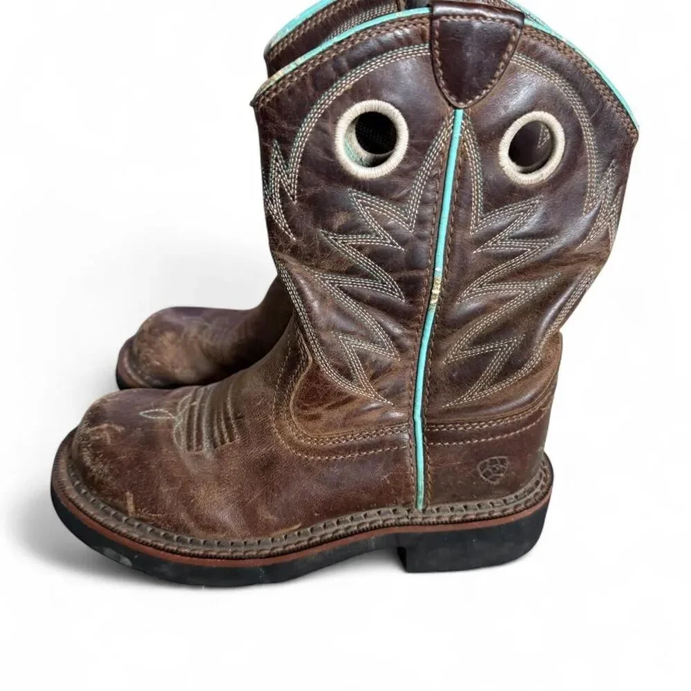 Ariat Kids Size 12 Western Cowboy Boots Brown Leather Turquoise Square Toe
